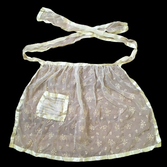 Vintage Accessories - Vintage Apron Floral Yellow Chiffon & Ribbon Trim